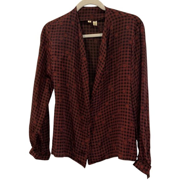 Vintage red black plaid 100% SILK open wrap top M - Picture 1 of 6